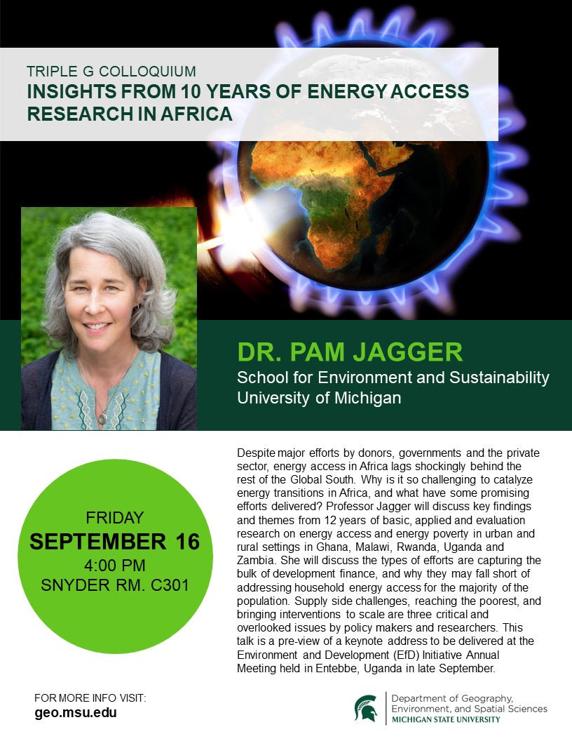 Flyer for Triple G Colloquium featuring Dr. Pam Jagger