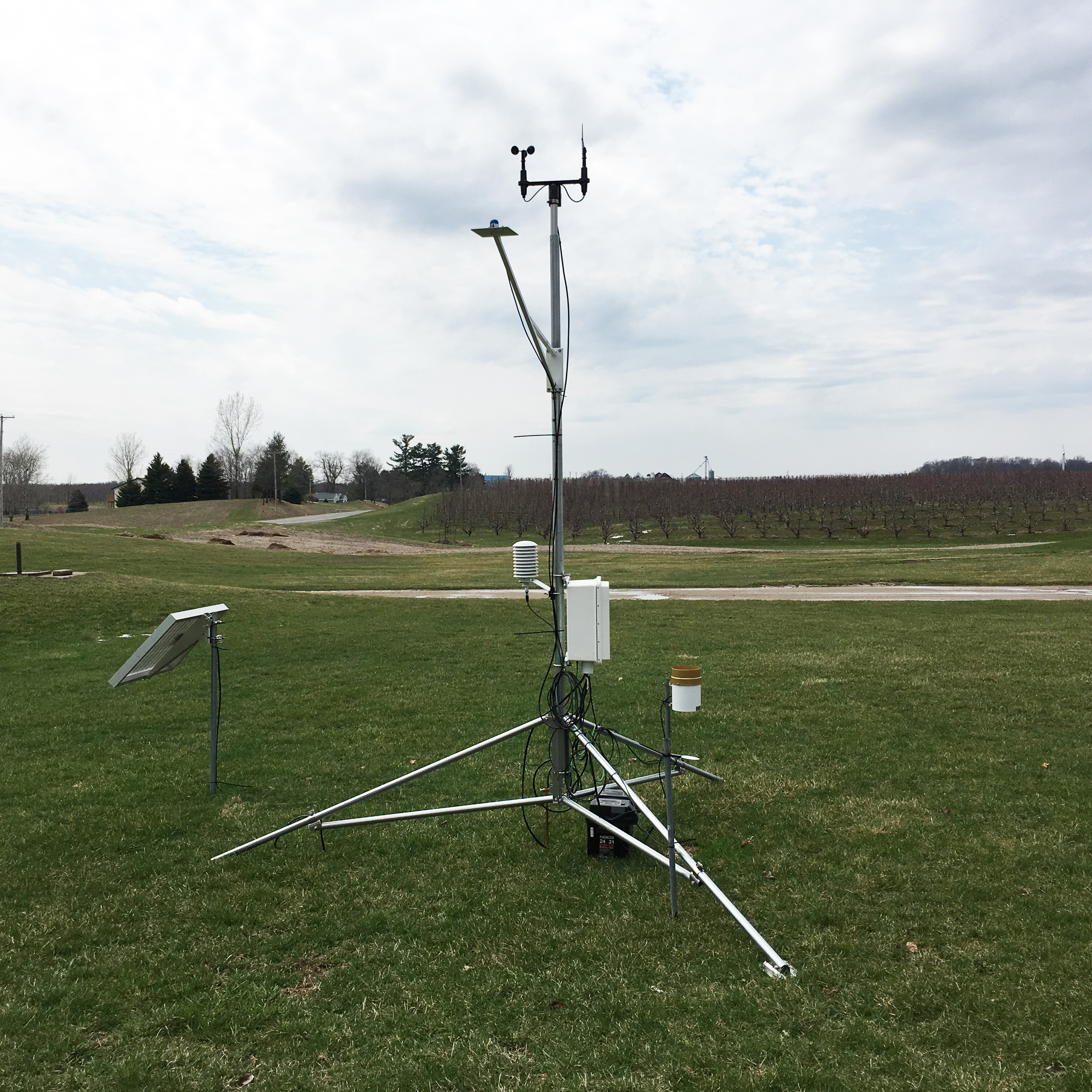 Enviroweather stations include a solar-powered tower that collects information on temperature, rainfall, relative humidity, dew point, soil temperature, wind direction and more.