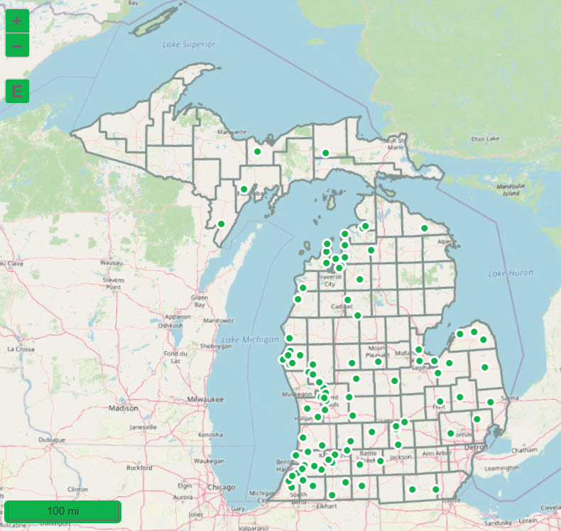 Map showing state of Michigan and part of Wisconsin