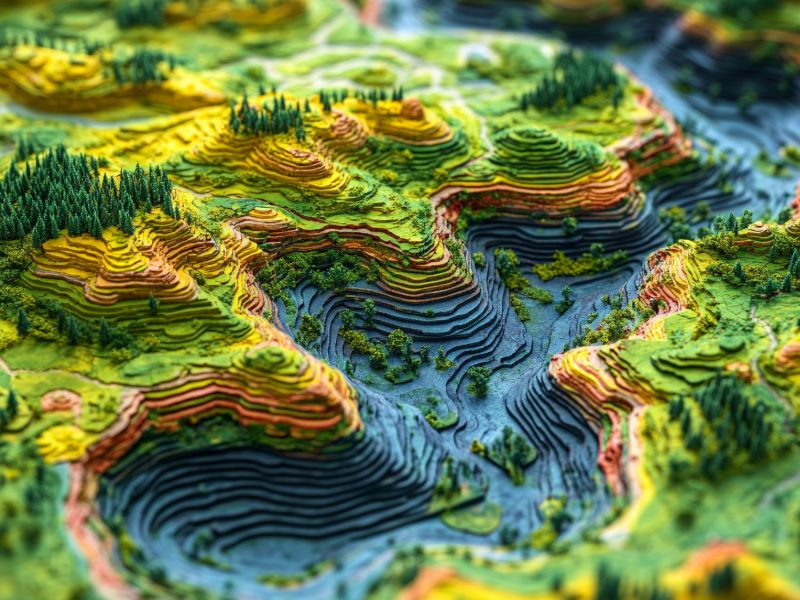 3D topographic terrain model showing layered elevation contours, hills, valleys, forests, and a river running through the landscape.
