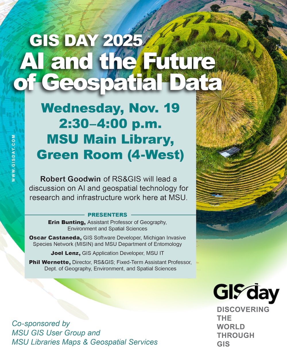 MSU GIS Day flyer for event on 11/19 from 2:30 to 4 pm in the Green Room at the MSU Main Library