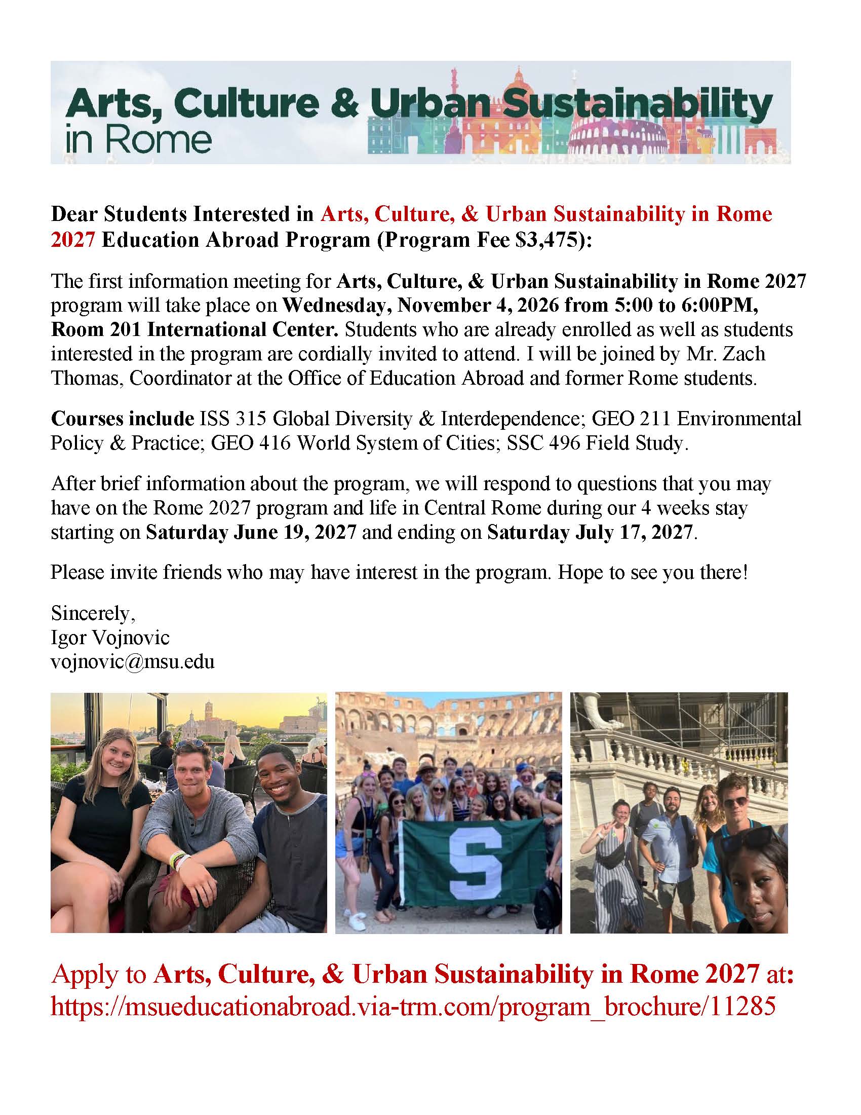 Flyer for Arts, Culture, and Urban Sustainability in Rome 2027