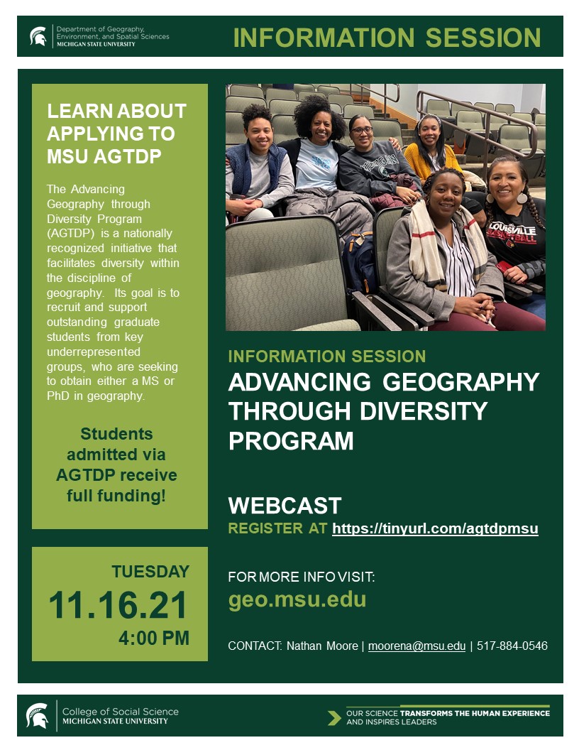Flyer for Advancing Geography Through Diversity Program information session to take place on November 16, 2021, at 4:00 PM.