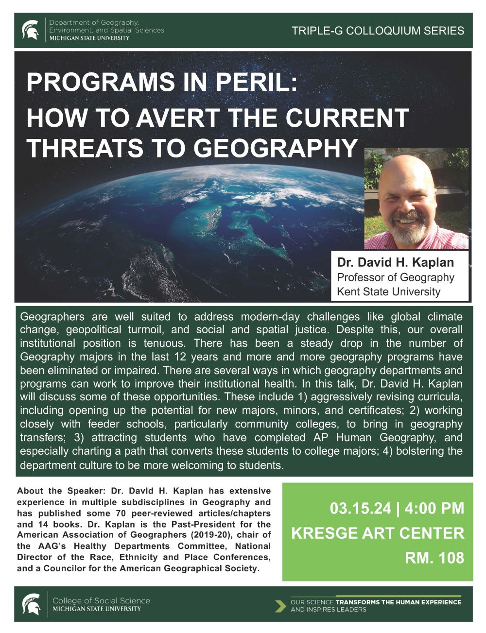 Flyer for David Kaplan's discussion entitled Programs in Peril: How to Avert the Current Threats to Geography