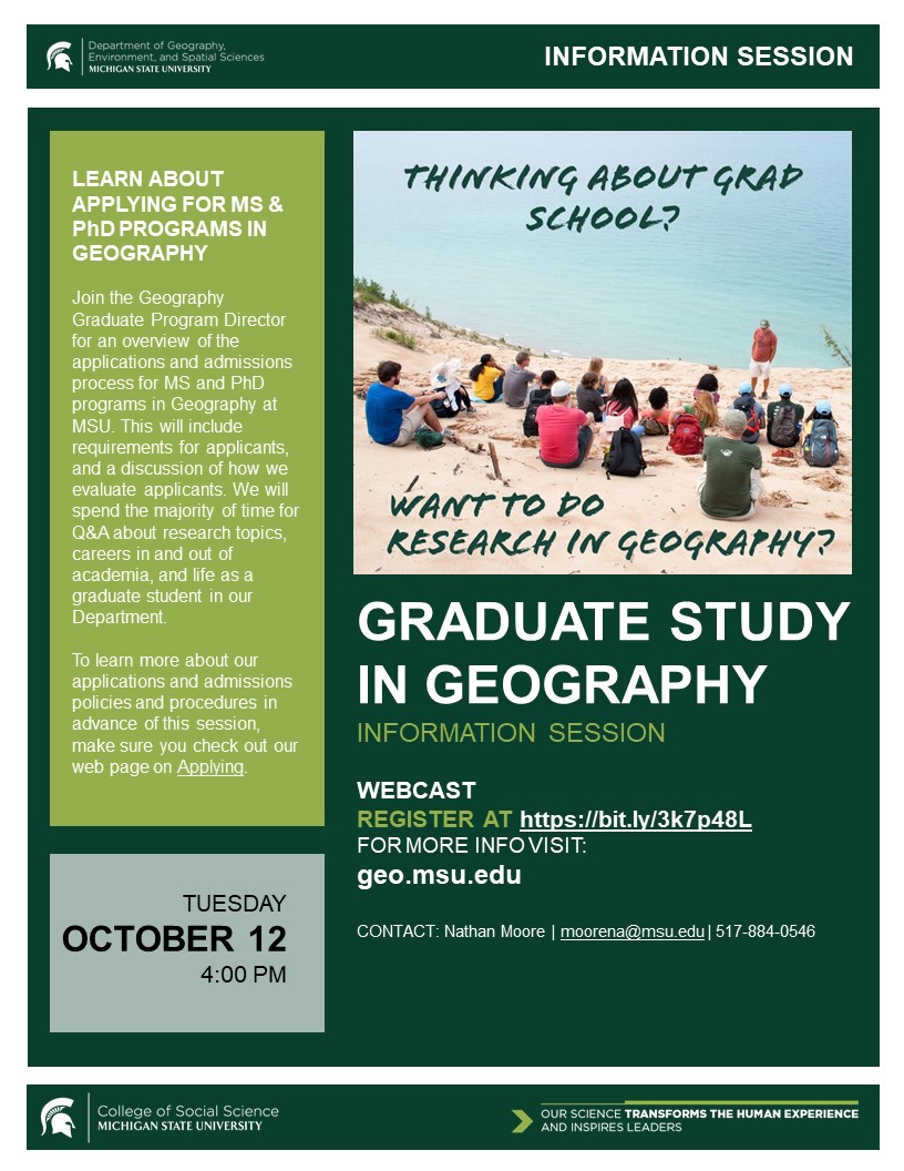 Information Session: Graduate Study in Geography October 12 at 4:00 PM