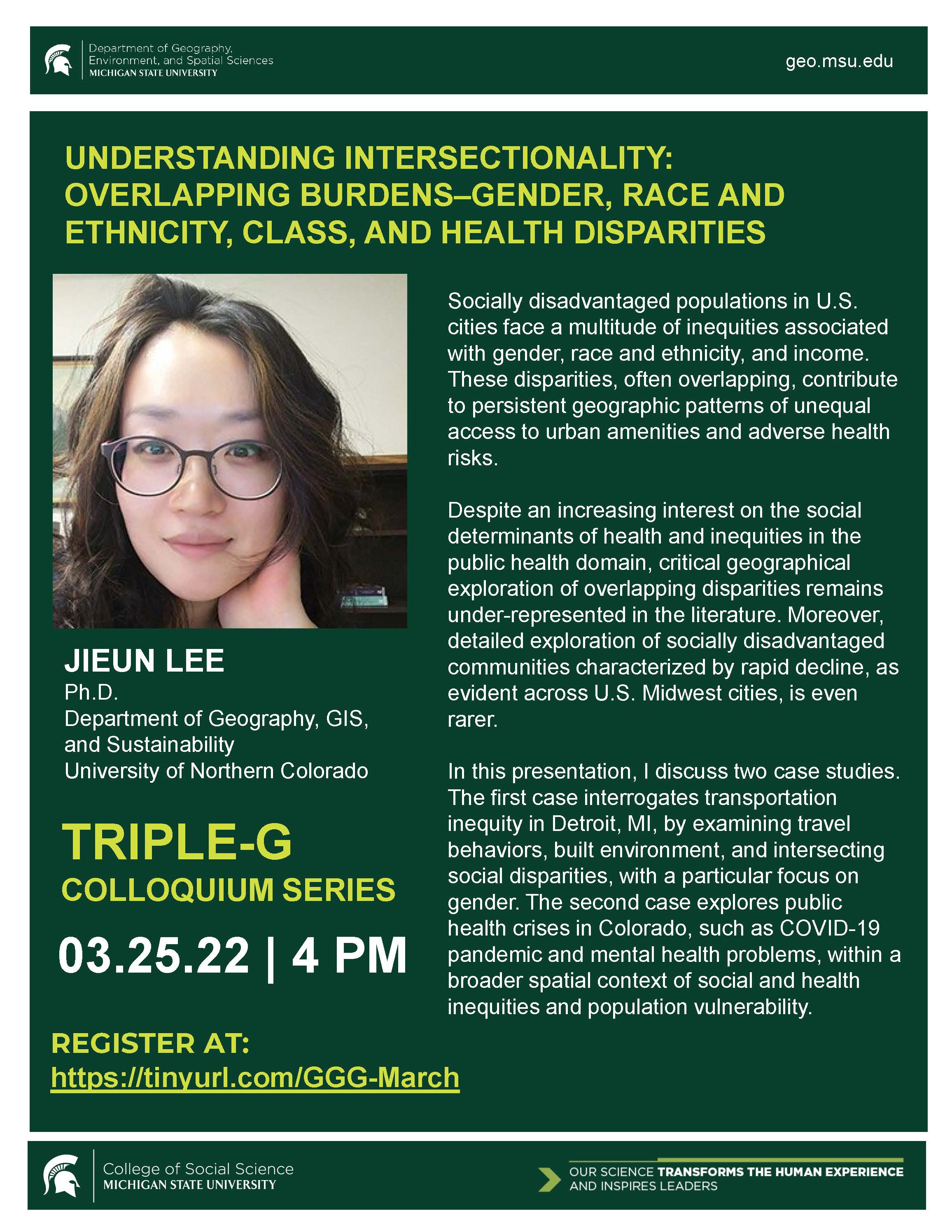 Flyer for Triple G Colloquium featuring Dr. Jieun Lee