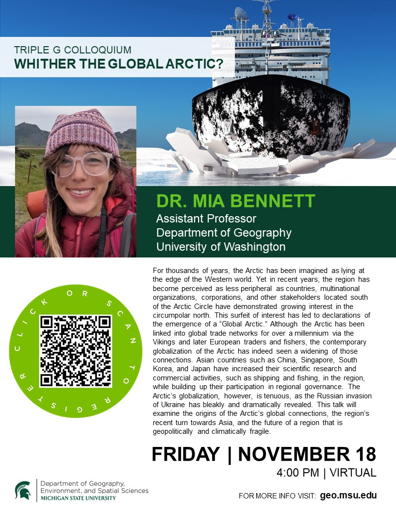 Flyer for Triple G Colloquium featuring Dr. Mia Bennett