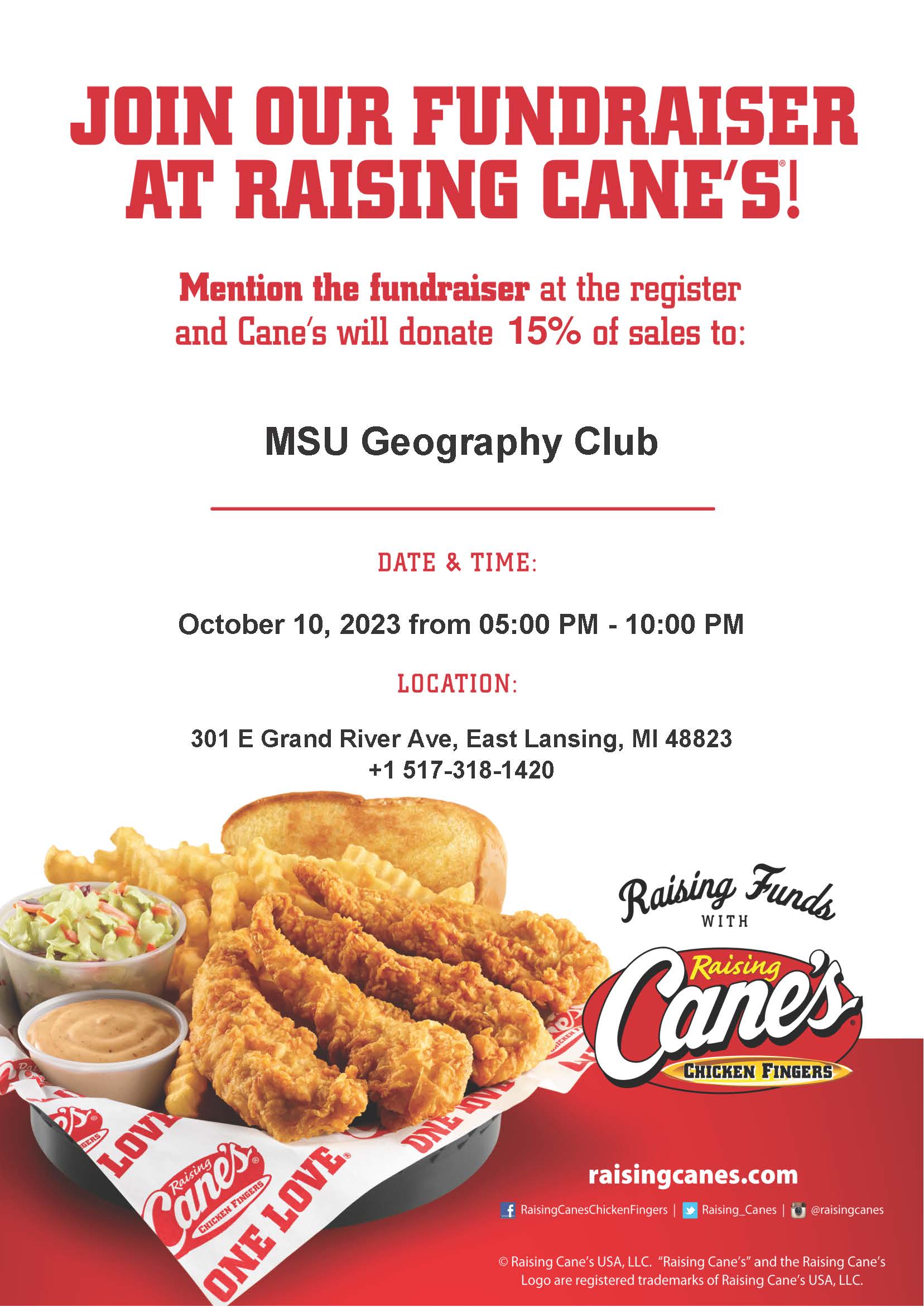 MSU Geo Club Raising Cane's fundraiser flyer