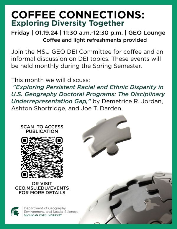Flyer for MSU GEO DEI discussion on January 19, 2024 from 11:30 am to 12:30 pm