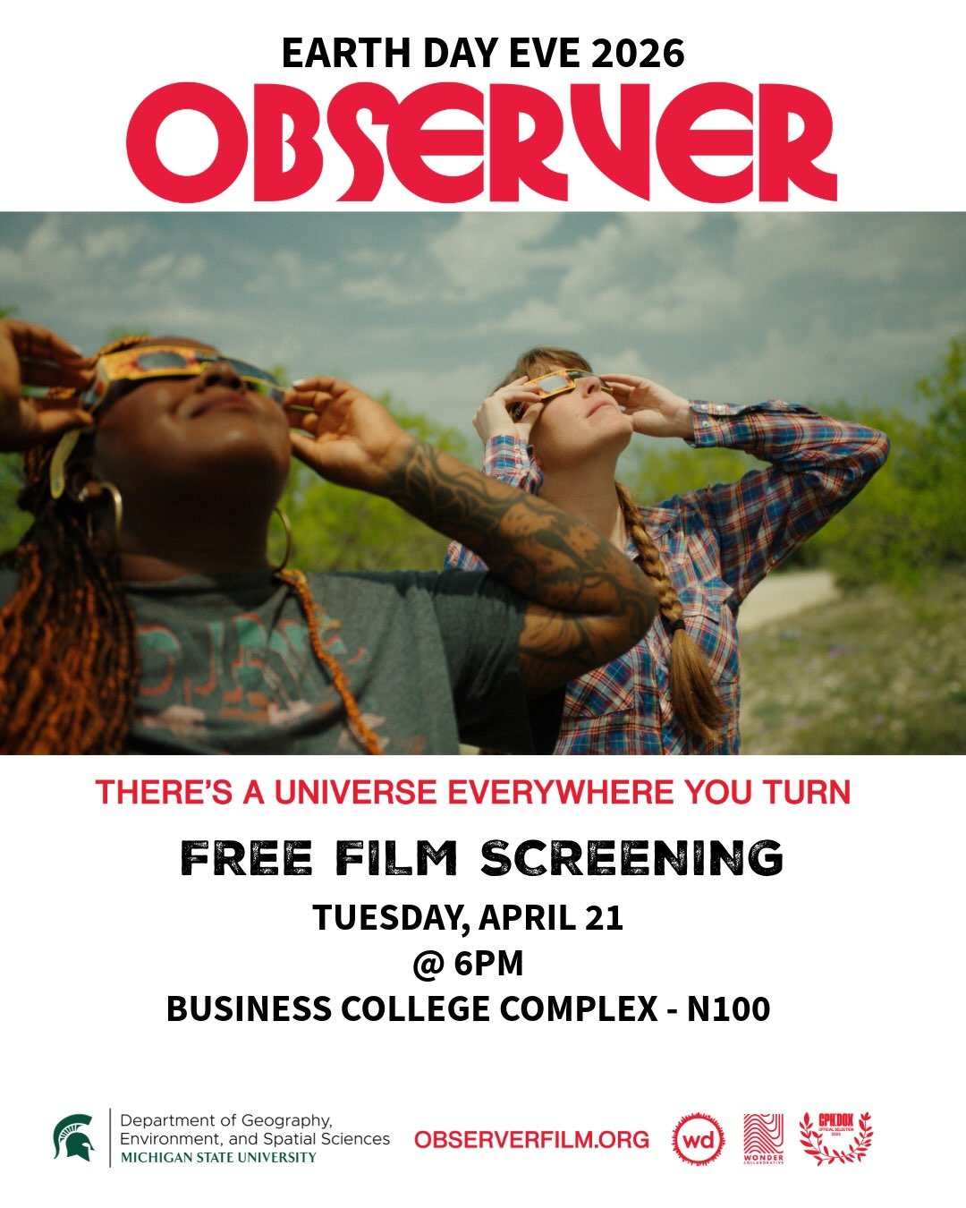 Flyer for Earth Day Eve Free Film Screening of Observer on April 21 at 6 pm