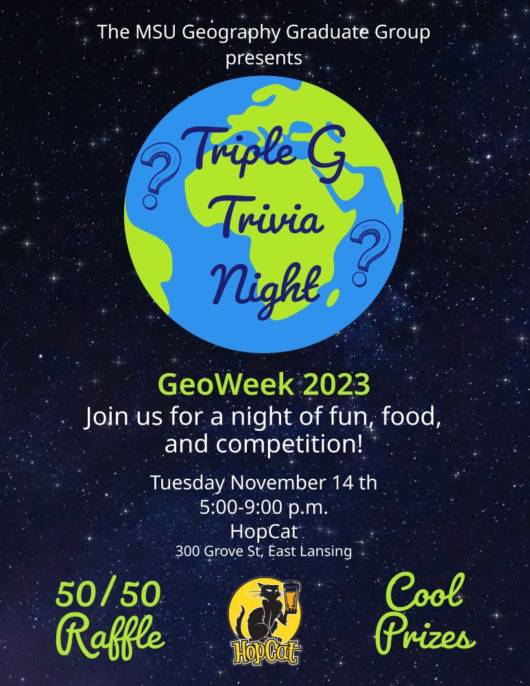 Flyer for Triple G Geography Awareness Week trivia night at HopCat on November 14 from 5 to 9 pm