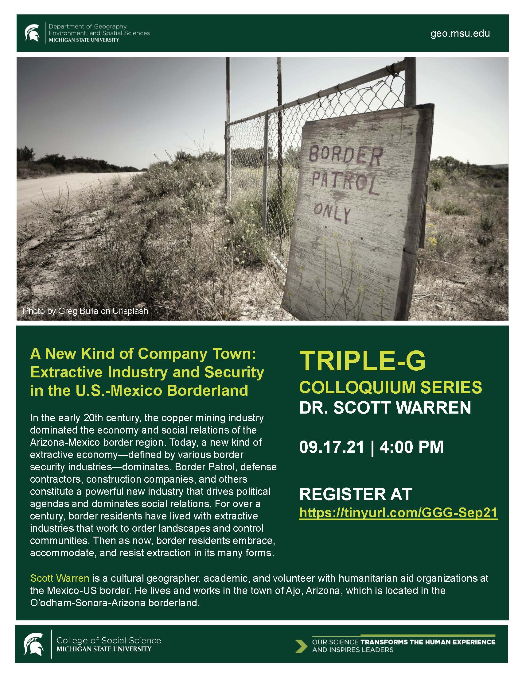 Flyer for Triple G Colloquium on 09-17-21 featuring Dr. Scott Warren.
