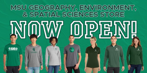 Group of people wearing various MSU Geography-branded apparel