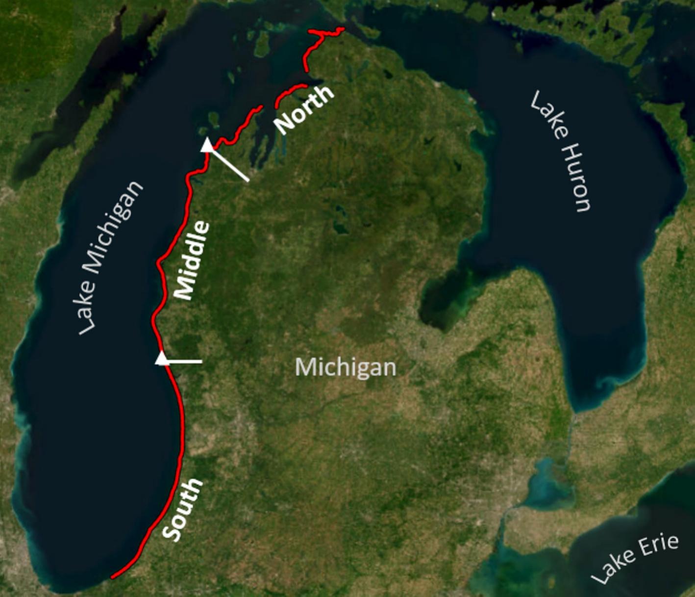 The total length of the Lake Michigan shoreline used for the analysis is in red.