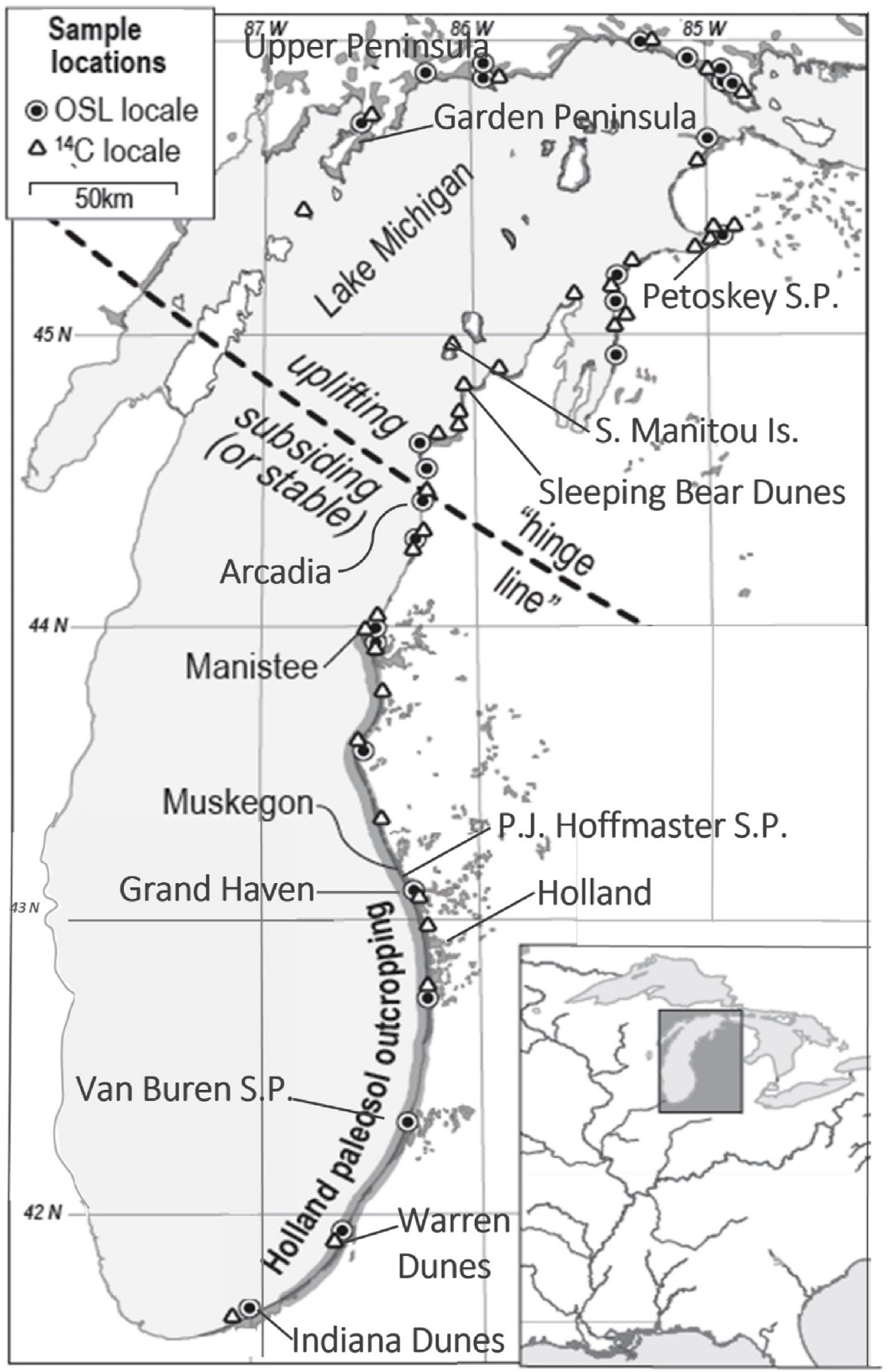 Map of study area and Lake Michigan. Inset map in lower right corner shows location of the lake in the eastern United States. Larger map illustrates place names referenced in this study and position of sites where Carbon-14 and optical ages have been acquired. (Credit: G. William Monaghan)