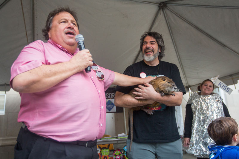 Terrebonne Parish President Gordon Dove pardons Beignet, Foret’s pet nutria, during Rougarou Fest. Foret utilizes a variety of innovative tools to help teach about Louisiana's wetlands. (Photo Credit: Misty Leigh McElroy)