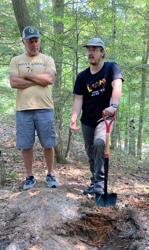 Alan Arbogast and Chris Baish demonstrating dune soils during an annual GEO Camp event for new graduate students. 