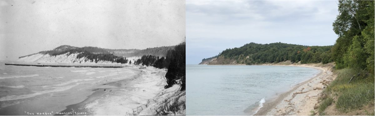 Repeat photography illustrating changes in dune landscapes in Michigan over time.