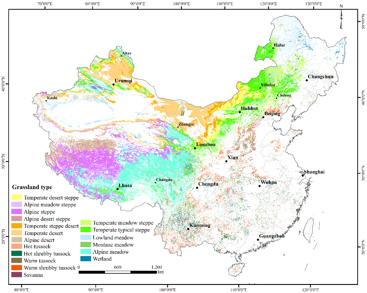 Map of Grassland Types in China
