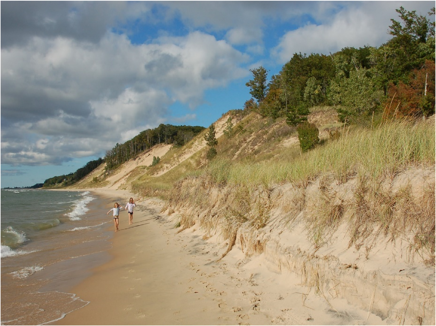 Photograph of lake-fronting dunes along the southeastern shore of Lake Michigan. Many dunes are up to approximately 165' in height. Dunes along this reach of the coast often line the shore for many miles. (Credit: Alan Arbogast) 