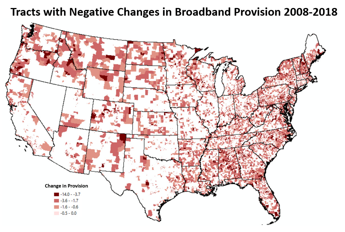 Tracts with Negative Changes in Broadband Provision 2008-2018