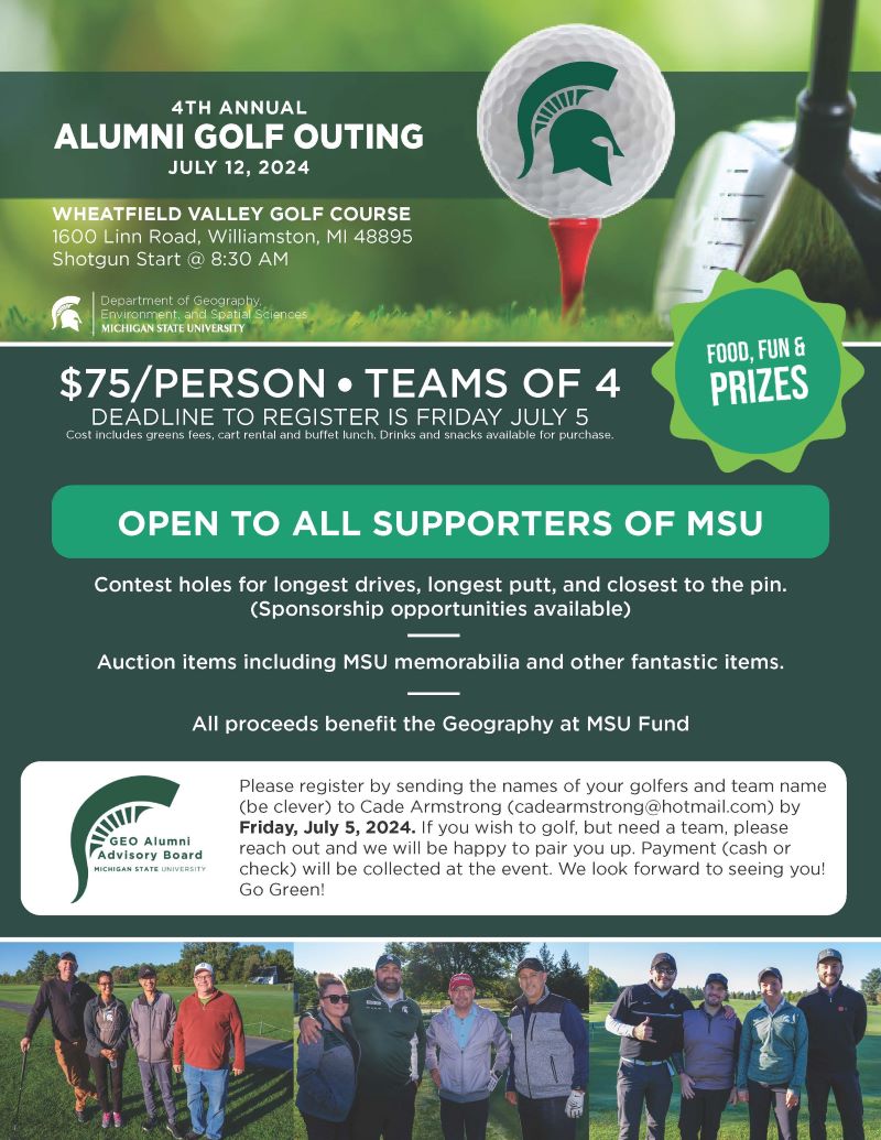 Flyer for Fourth Annual MSU GEO Alumni Golf Outing scheduled for July 12, 2024 at Wheatfield Valley Golf Course