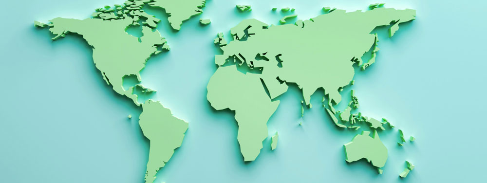 Light green continent cutouts over blue background