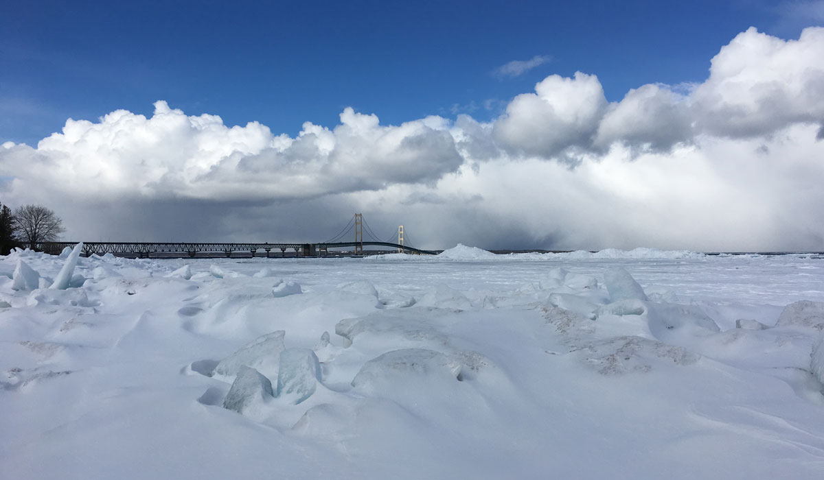 Lake ice formed along the Straits of Mackinaw during winter 