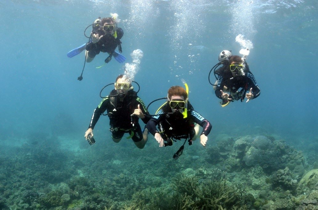 Summer Sports Down Under, Australia. Scuba diving with my ISS 310 People and Environment class off Cairns, the Great Barrier Reef.