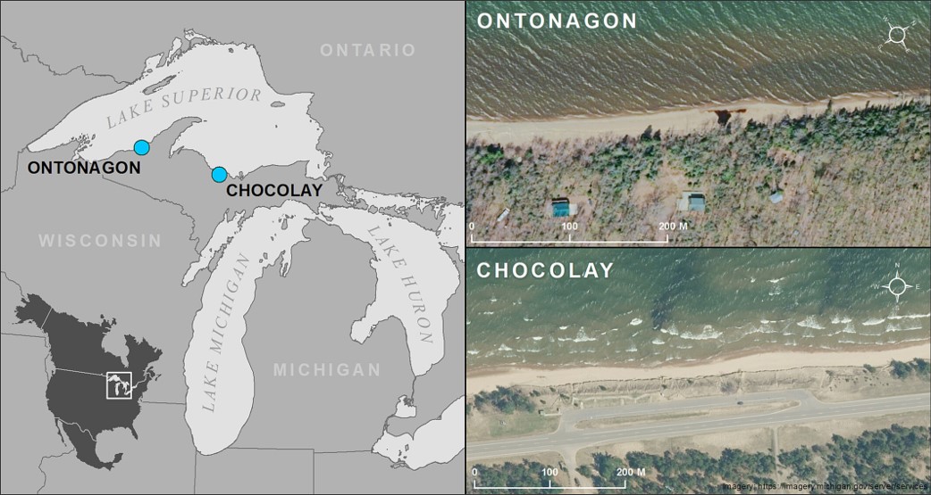 Figure 2 (Left) Study area map depicting the location of the Chocolay and Ontonagon sites within the Great Lakes basin. (Right) Aerial photos of the two sites along the southern Lake Superior coast.
